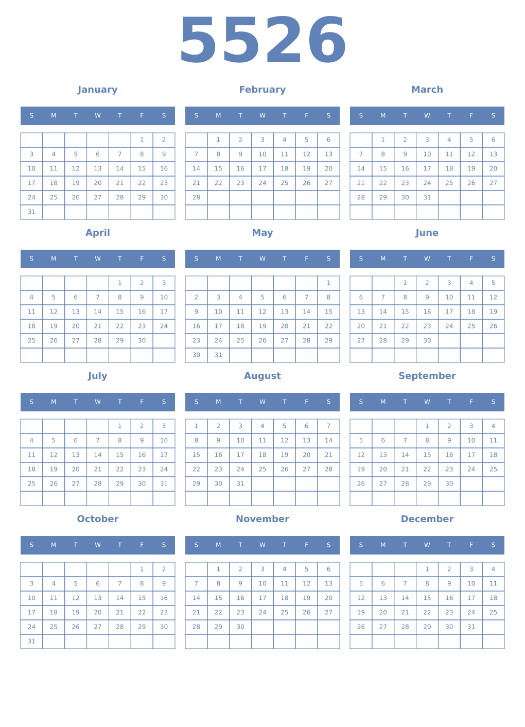 Printable 5526 Year Calendars glaucous