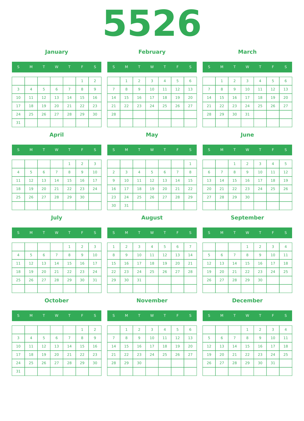 Printable 5526 Year Calendars green