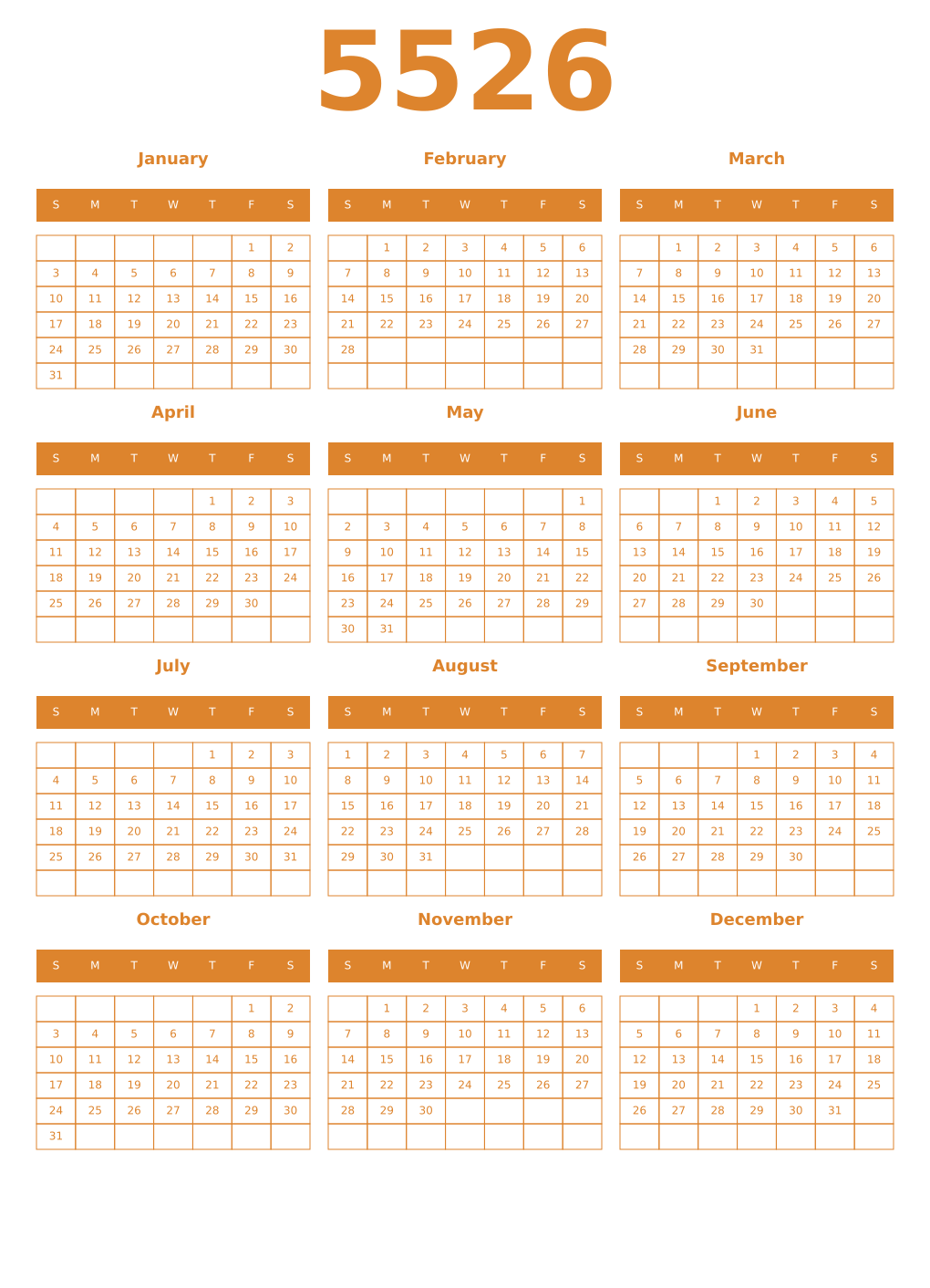 Printable 5526 Year Calendars orange
