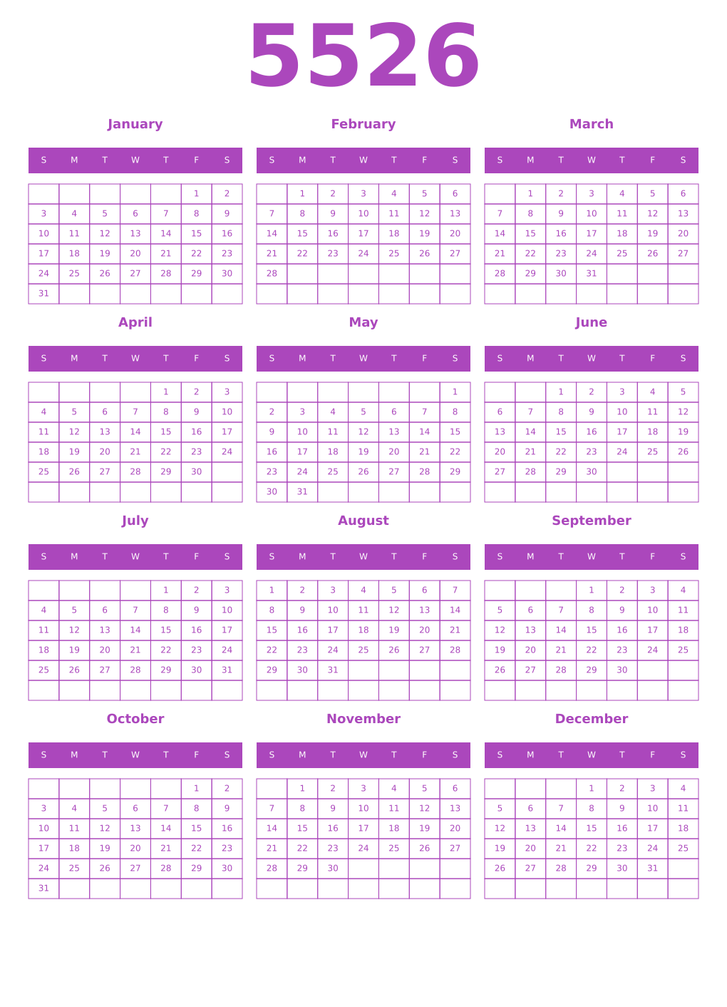 Printable 5526 Year Calendars purple