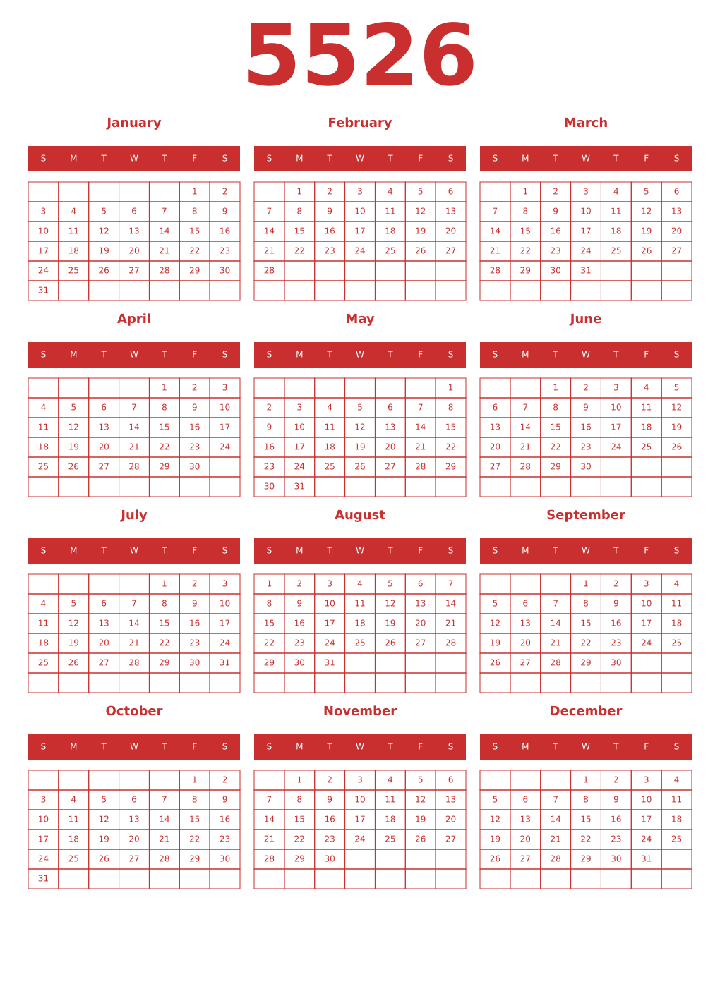 Printable 5526 Year Calendars red