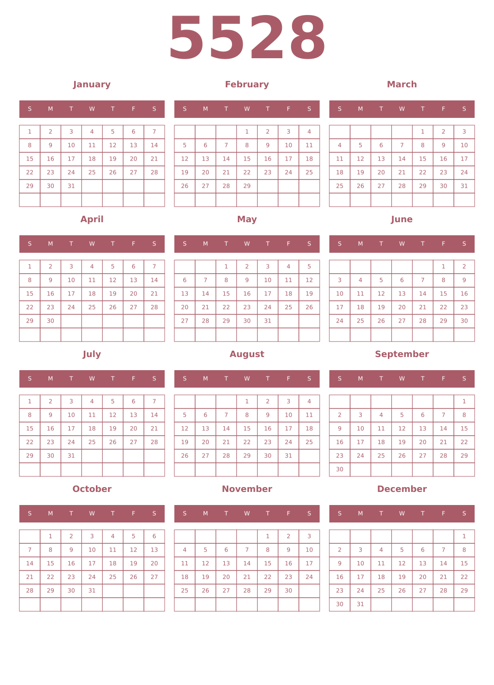 Printable 5528 Year Calendars puce