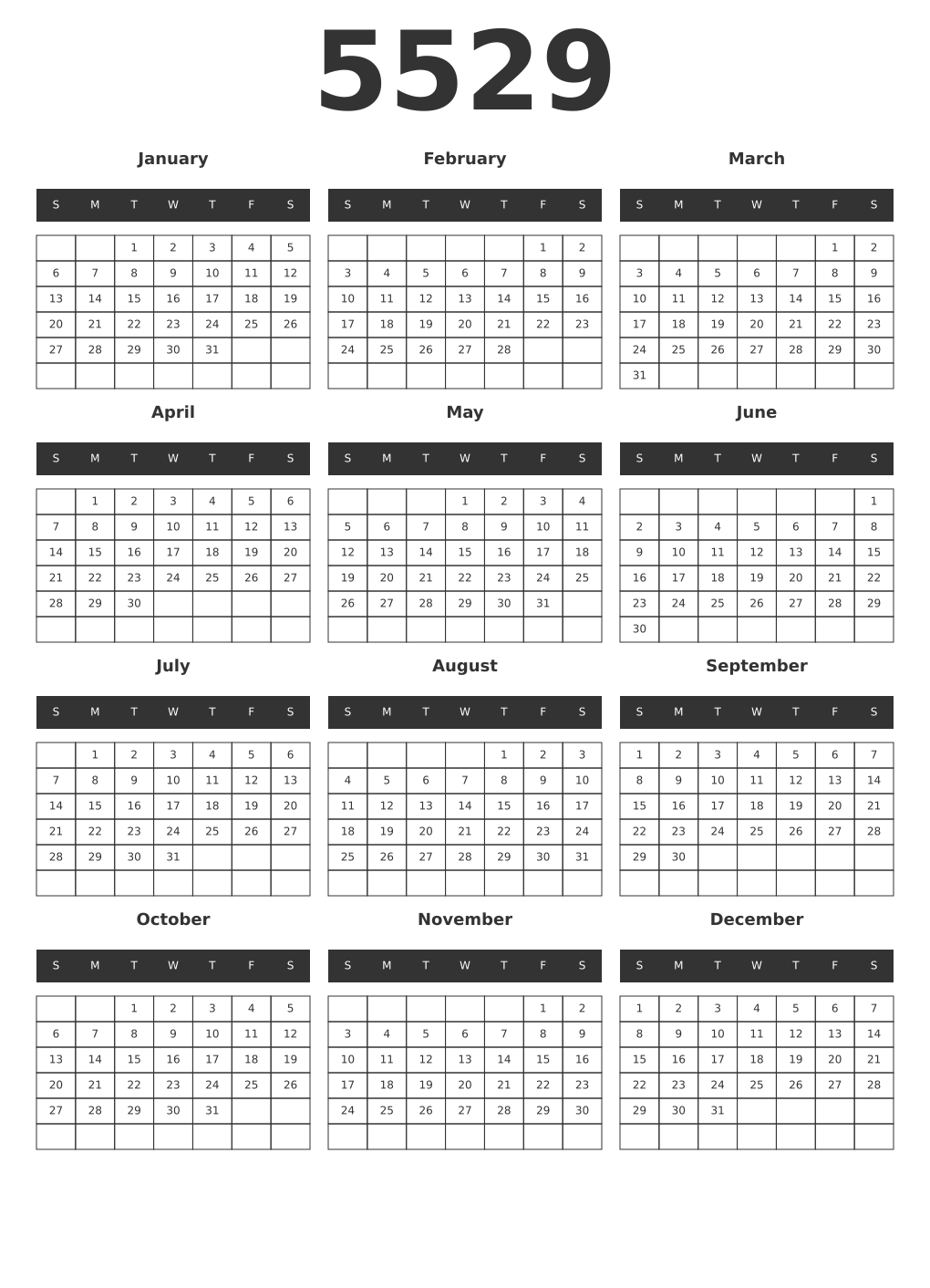 Printable 5529 Year Calendars dark