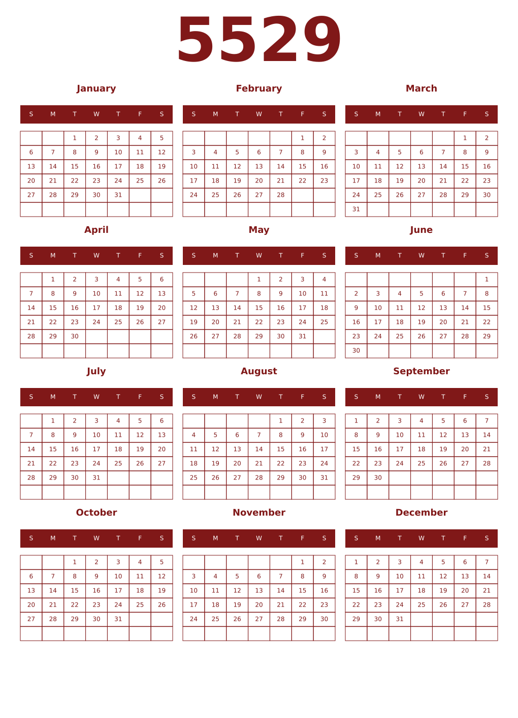 Printable 5529 Year Calendars falu