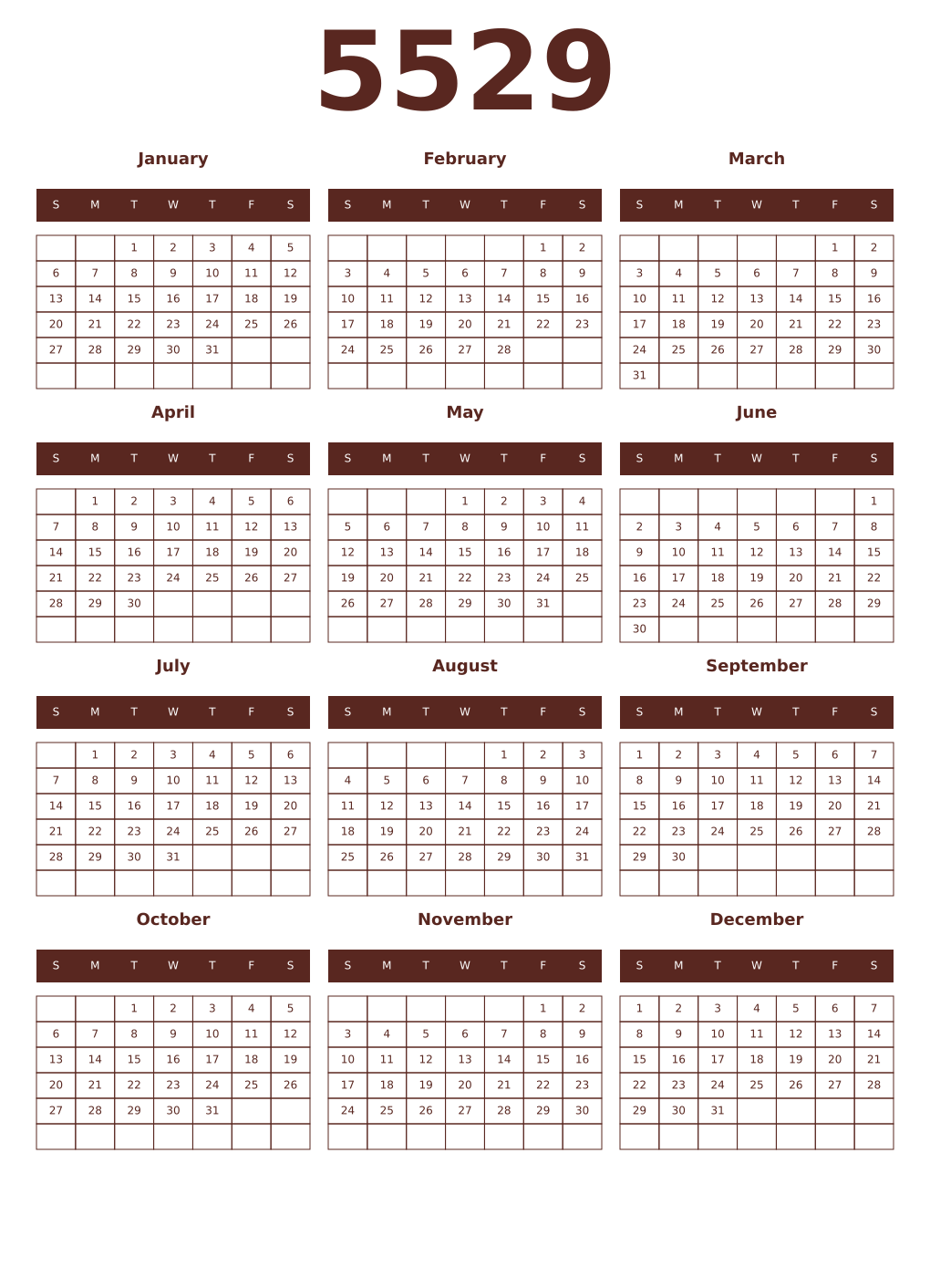 Printable 5529 Year Calendars mortuum
