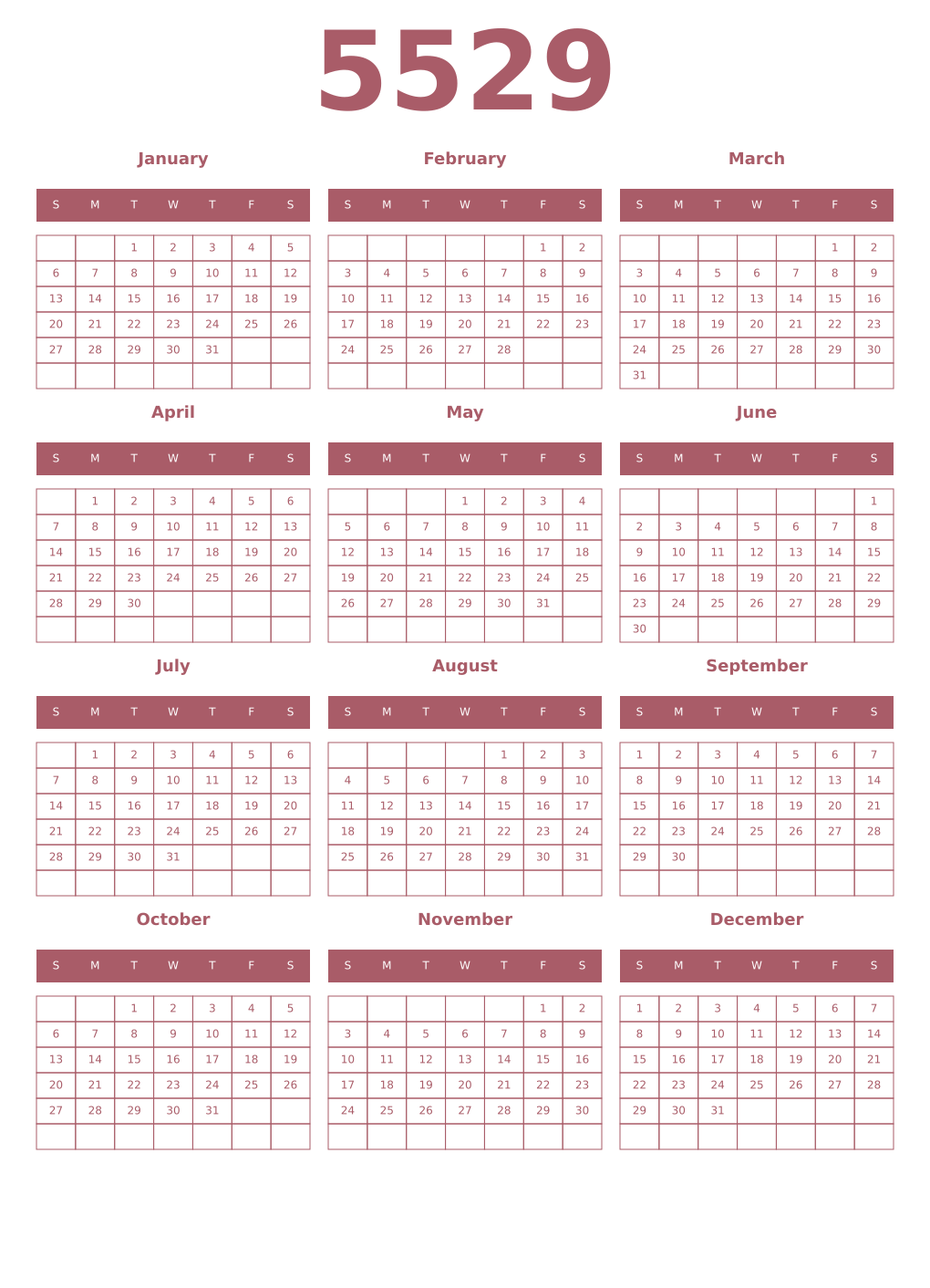 Printable 5529 Year Calendars puce