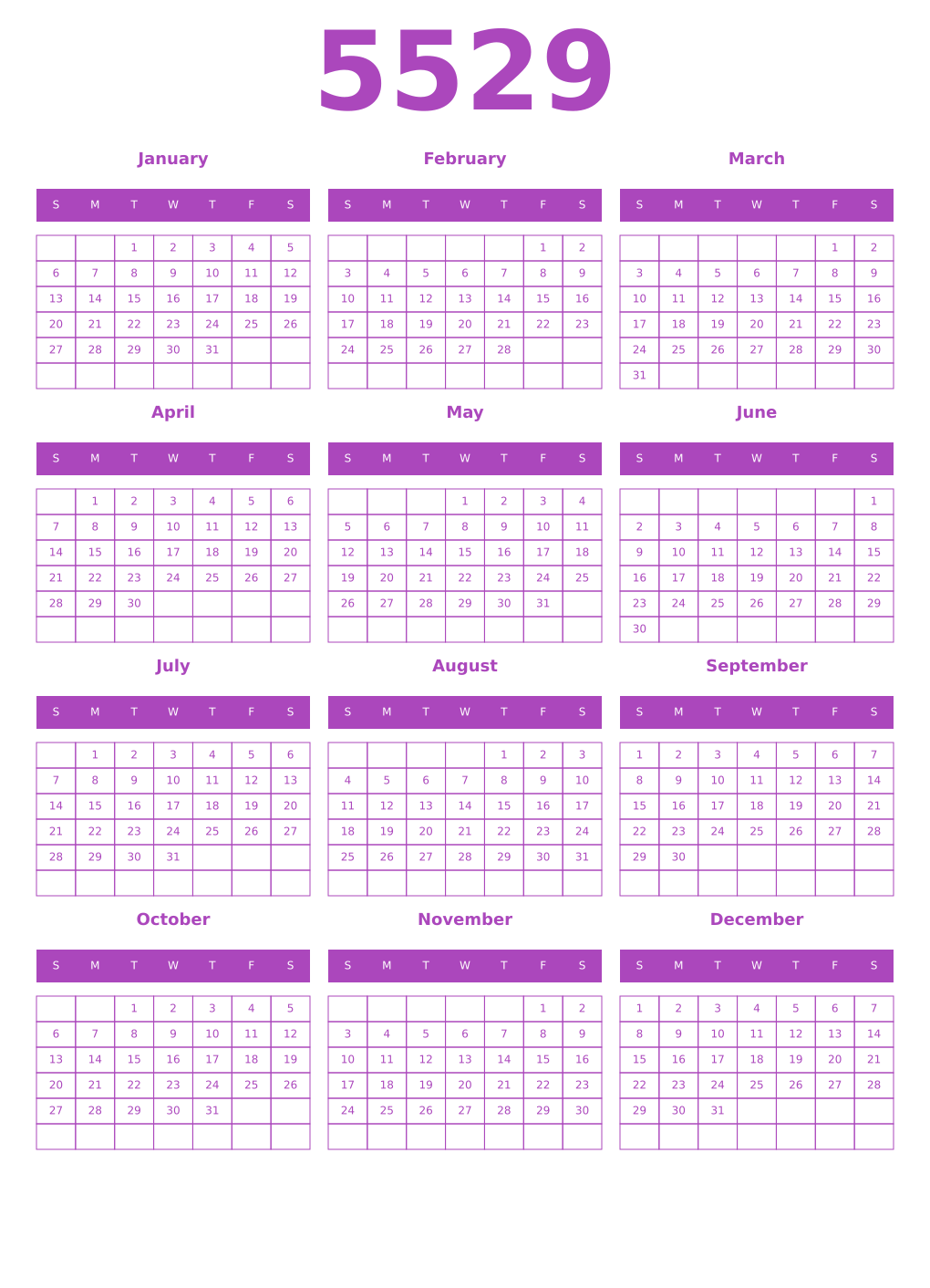 Printable 5529 Year Calendars purple