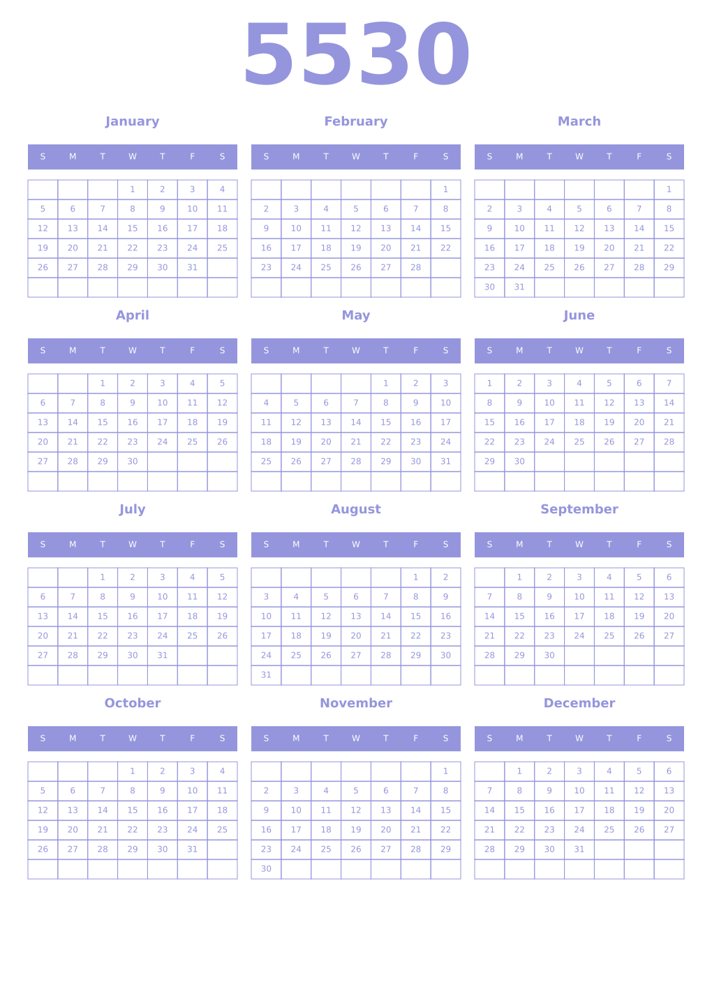 Printable 5530 Year Calendars periwinkle