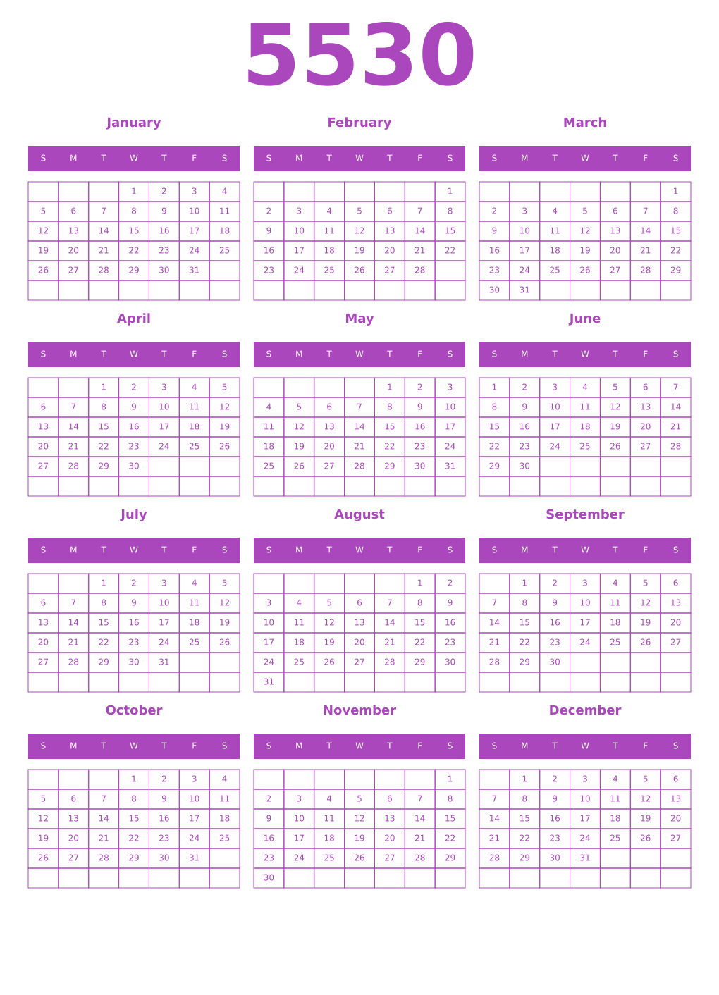 Printable 5530 Year Calendars purple