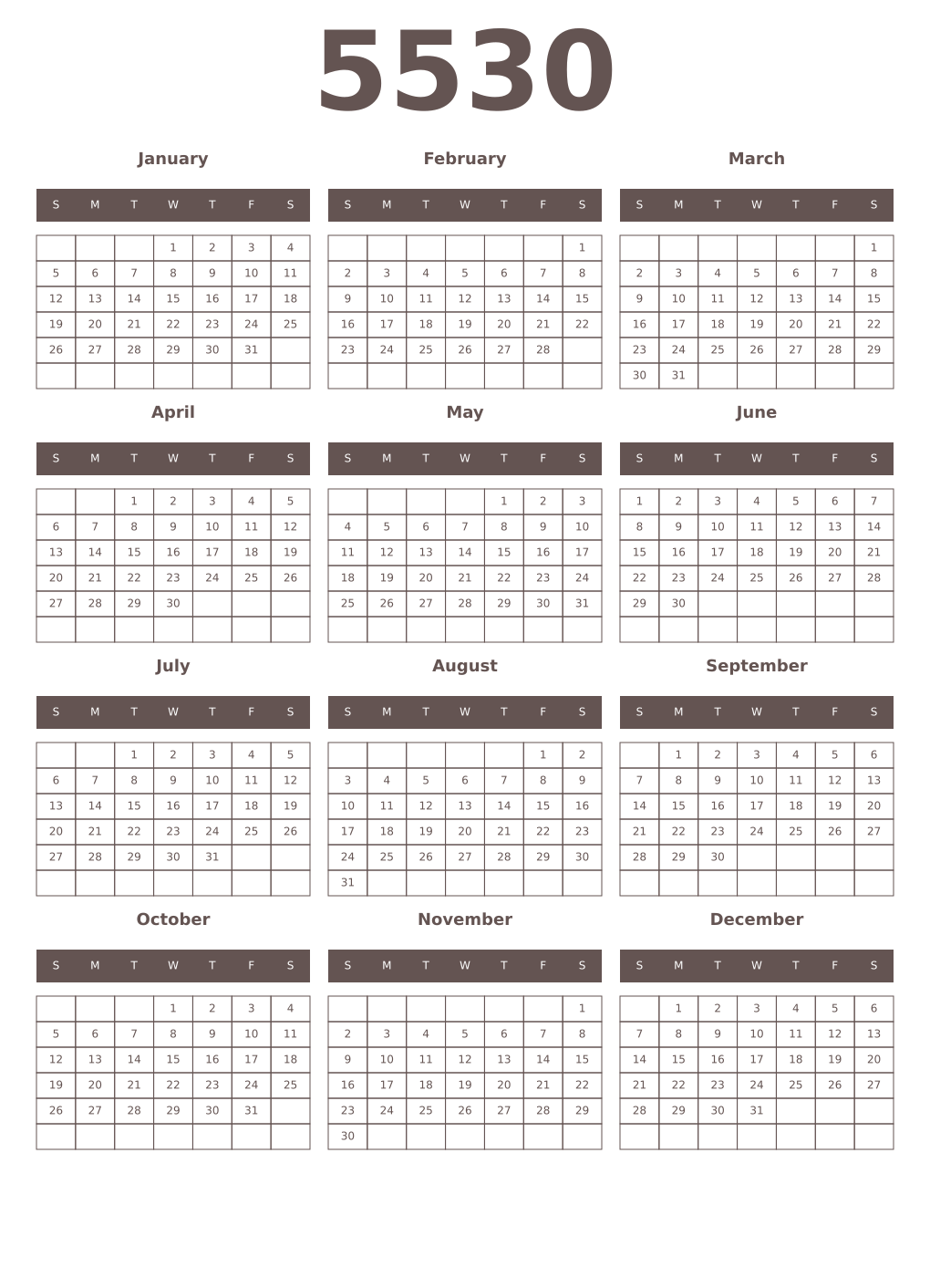 Printable 5530 Year Calendars wenge
