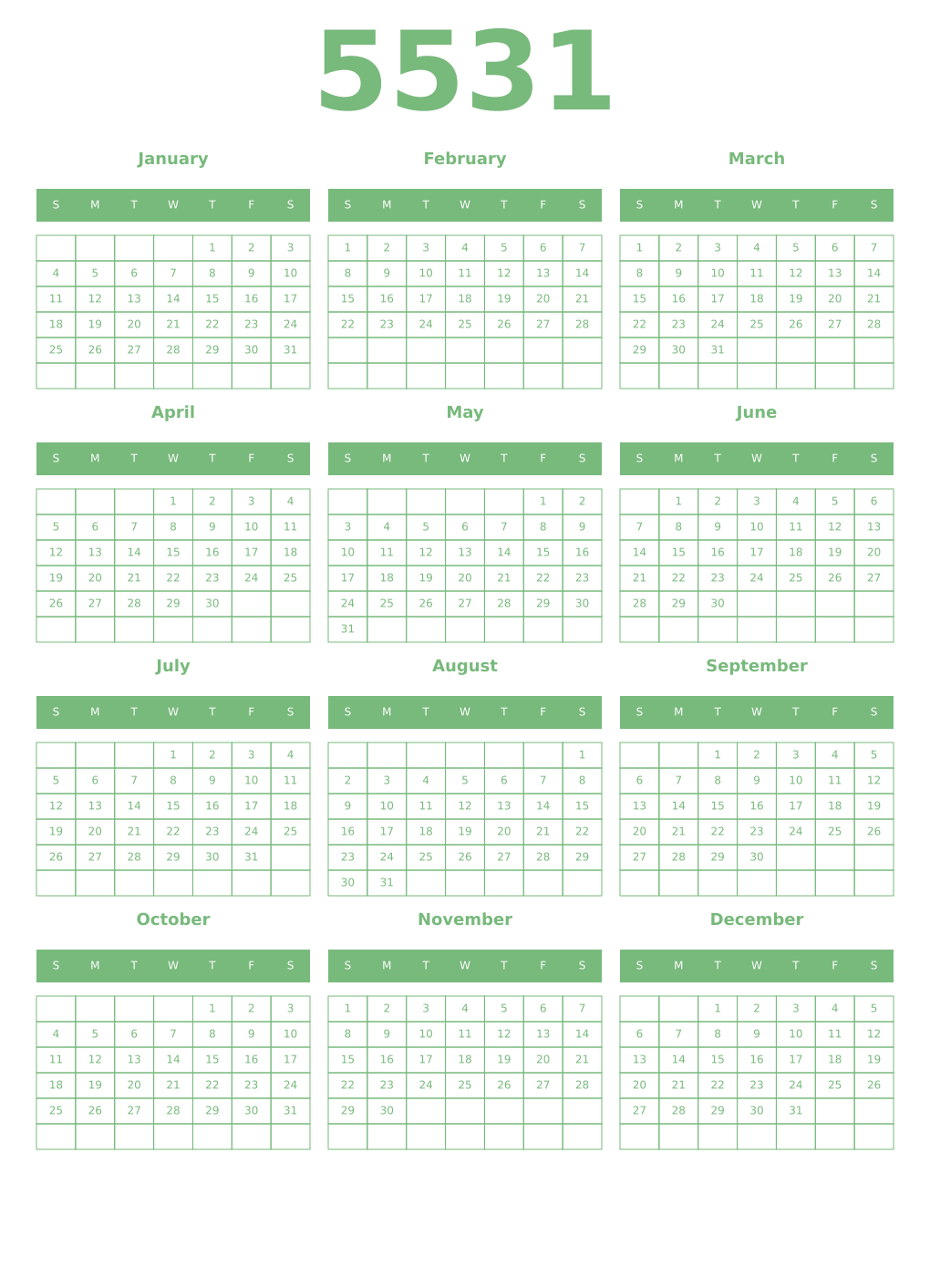 Printable 5531 Year Calendars celadon