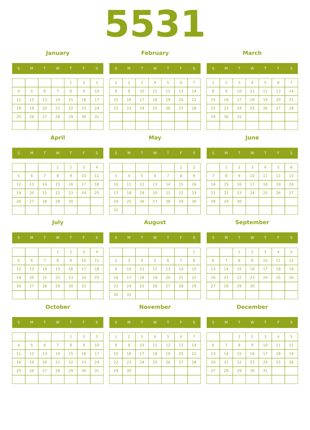Printable 5531 Year Calendars chartreuse
