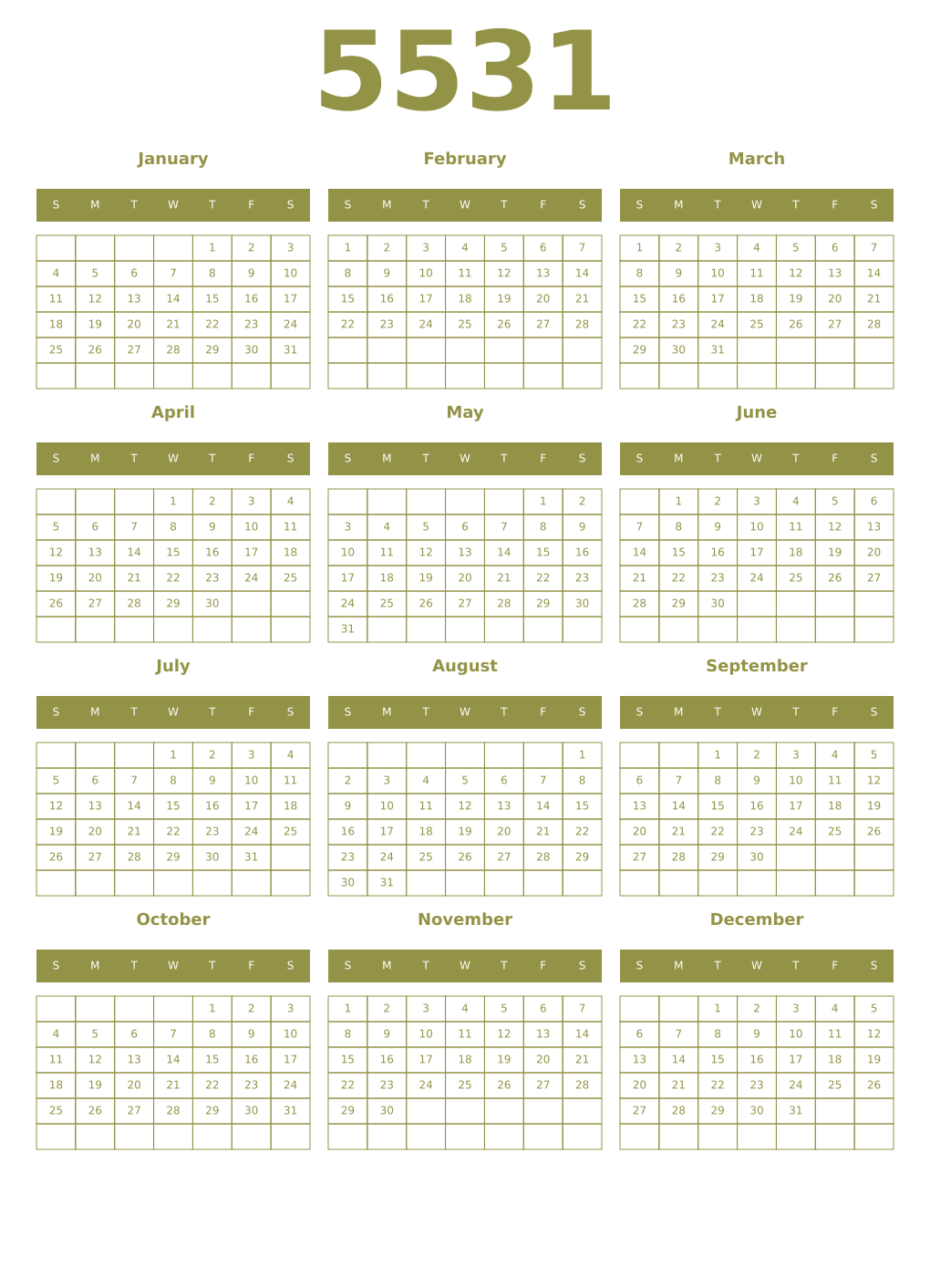 Printable 5531 Year Calendars eburnean