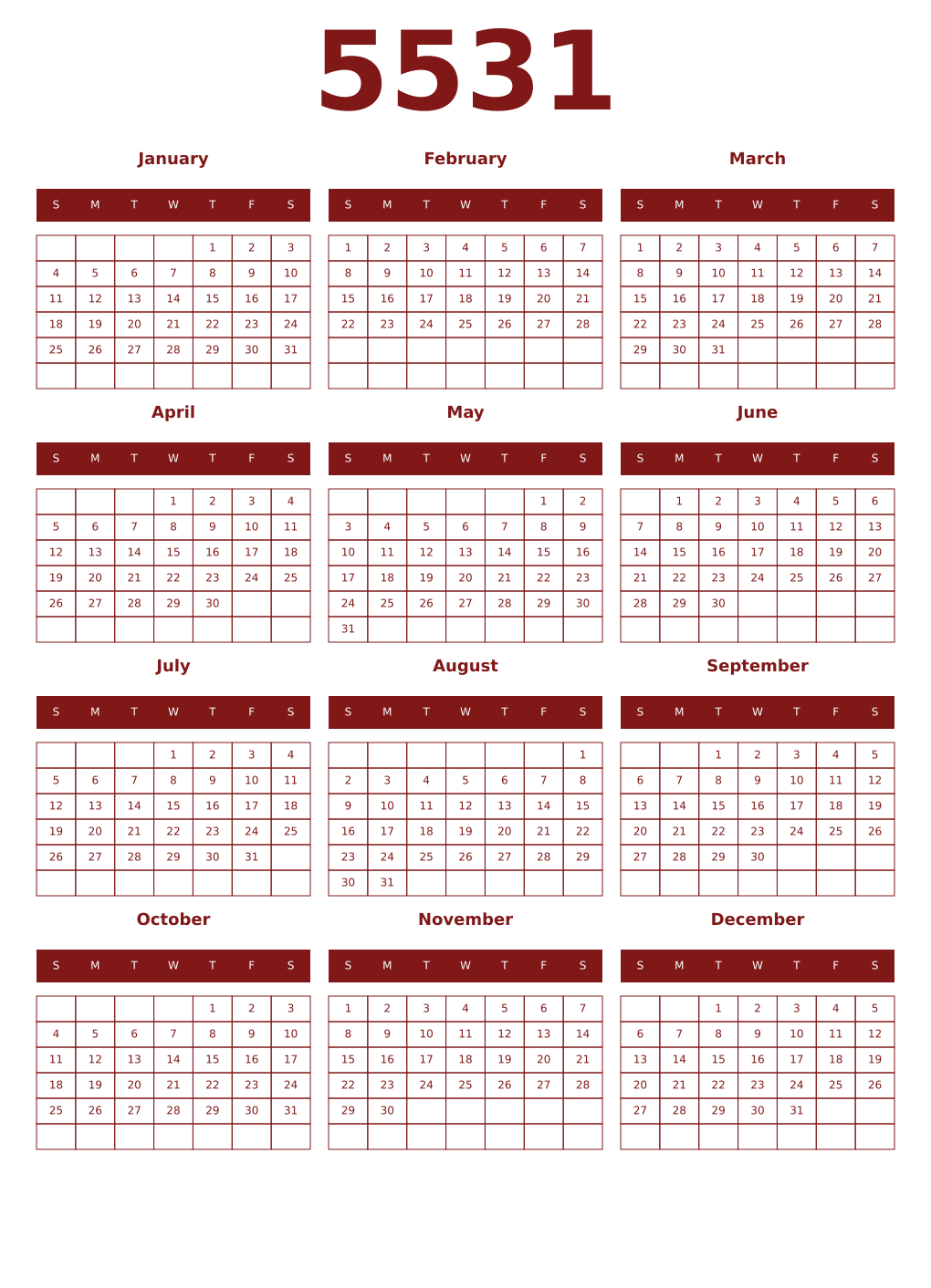 Printable 5531 Year Calendars falu