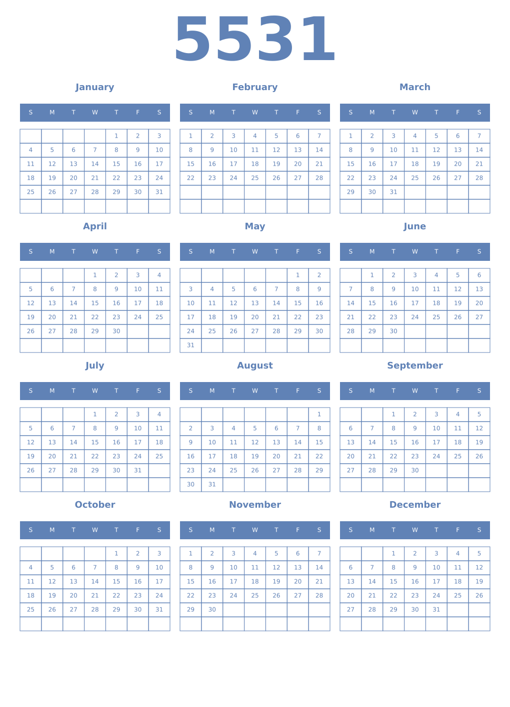Printable 5531 Year Calendars glaucous