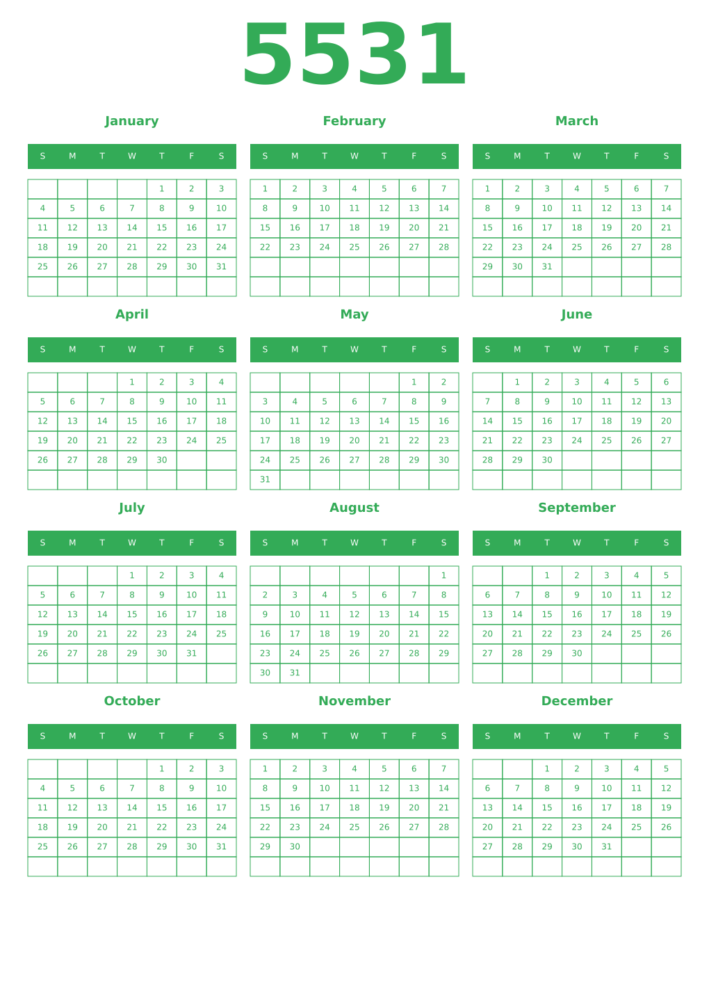 Printable 5531 Year Calendars green