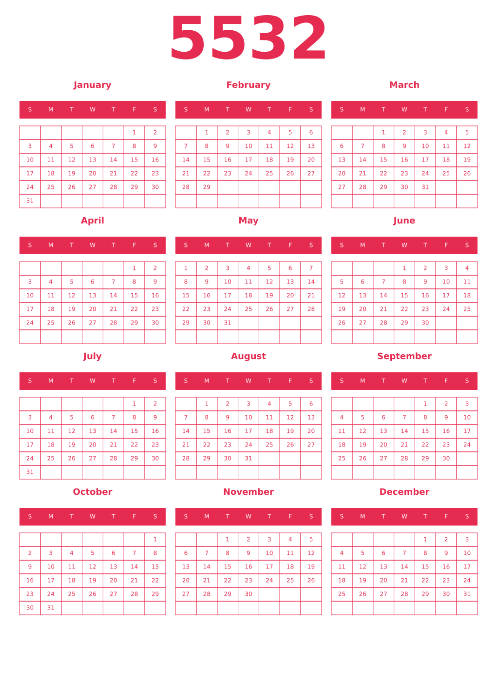 Printable 5532 Year Calendars amaranth