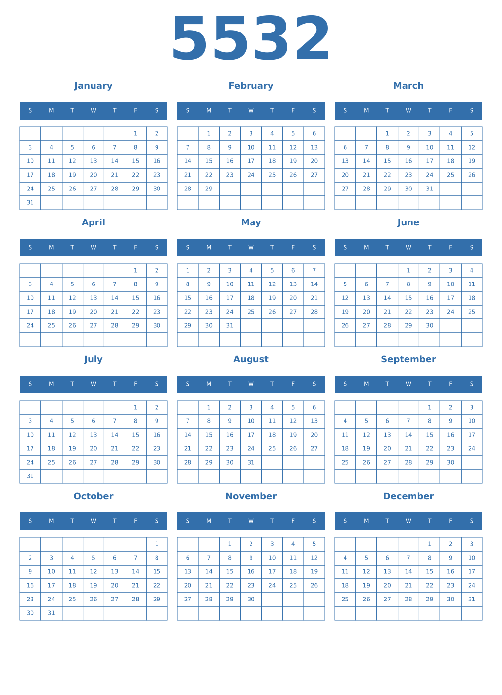 Printable 5532 Year Calendars blue