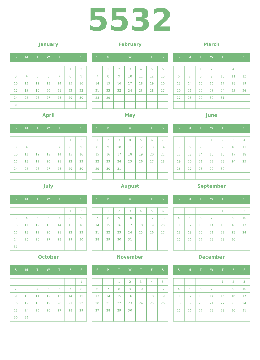 Printable 5532 Year Calendars celadon