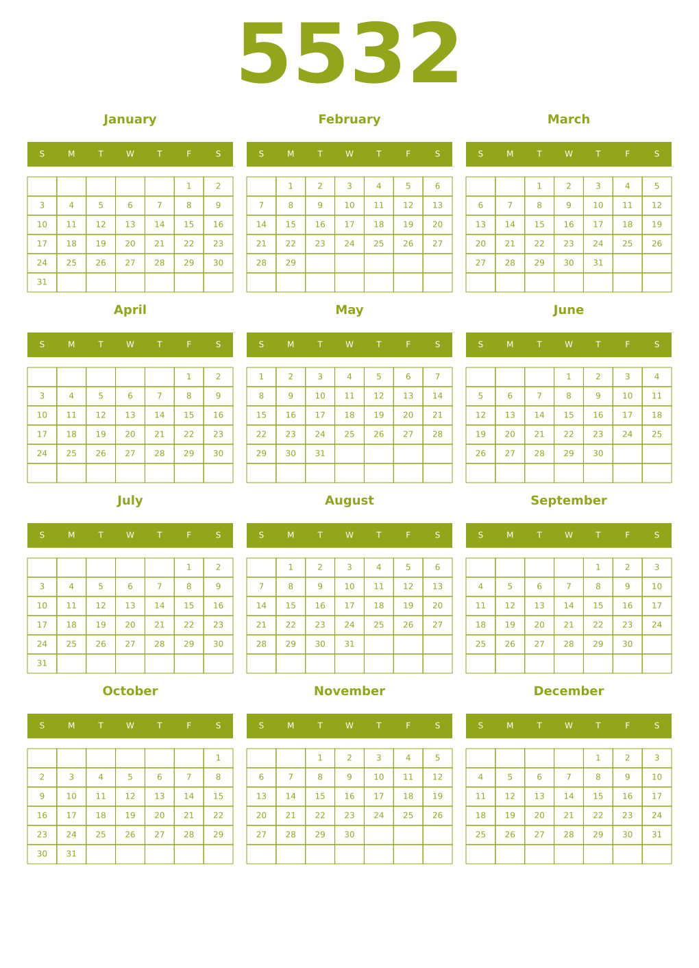 Printable 5532 Year Calendars chartreuse
