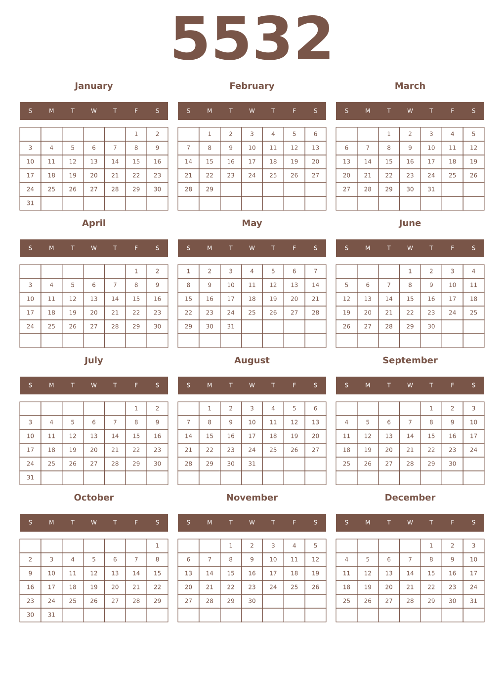 Printable 5532 Year Calendars coffe