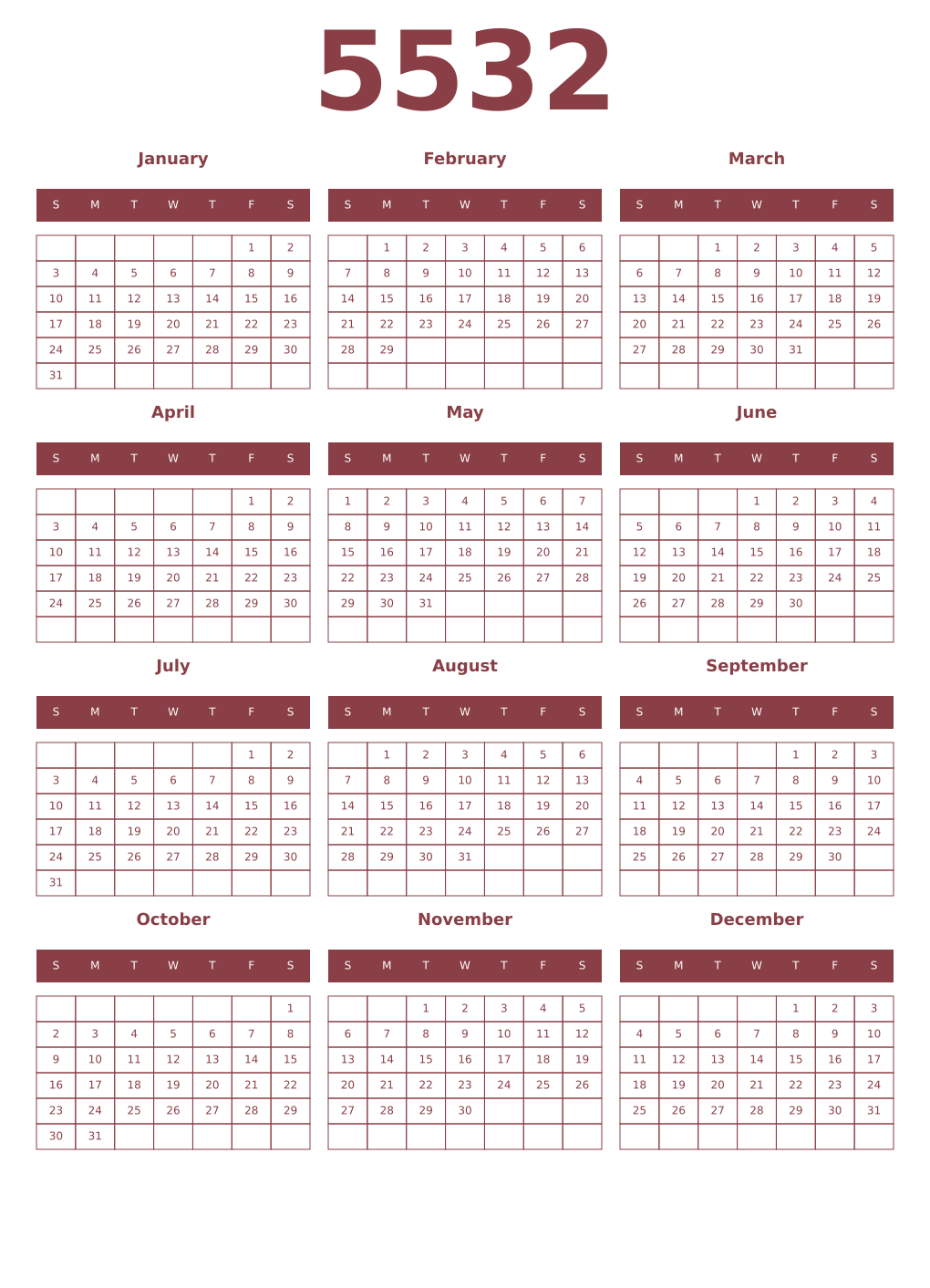 Printable 5532 Year Calendars cordovan