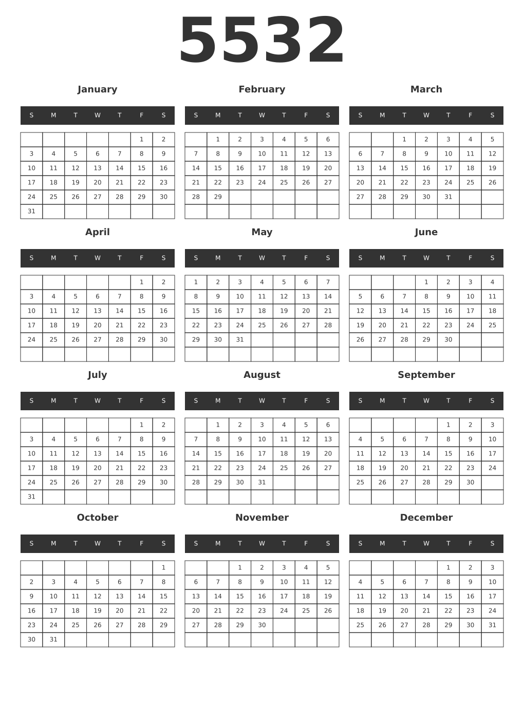 Printable 5532 Year Calendars dark