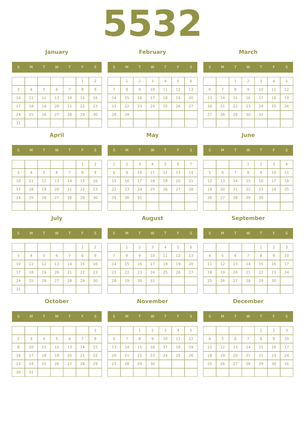 Printable 5532 Year Calendars eburnean