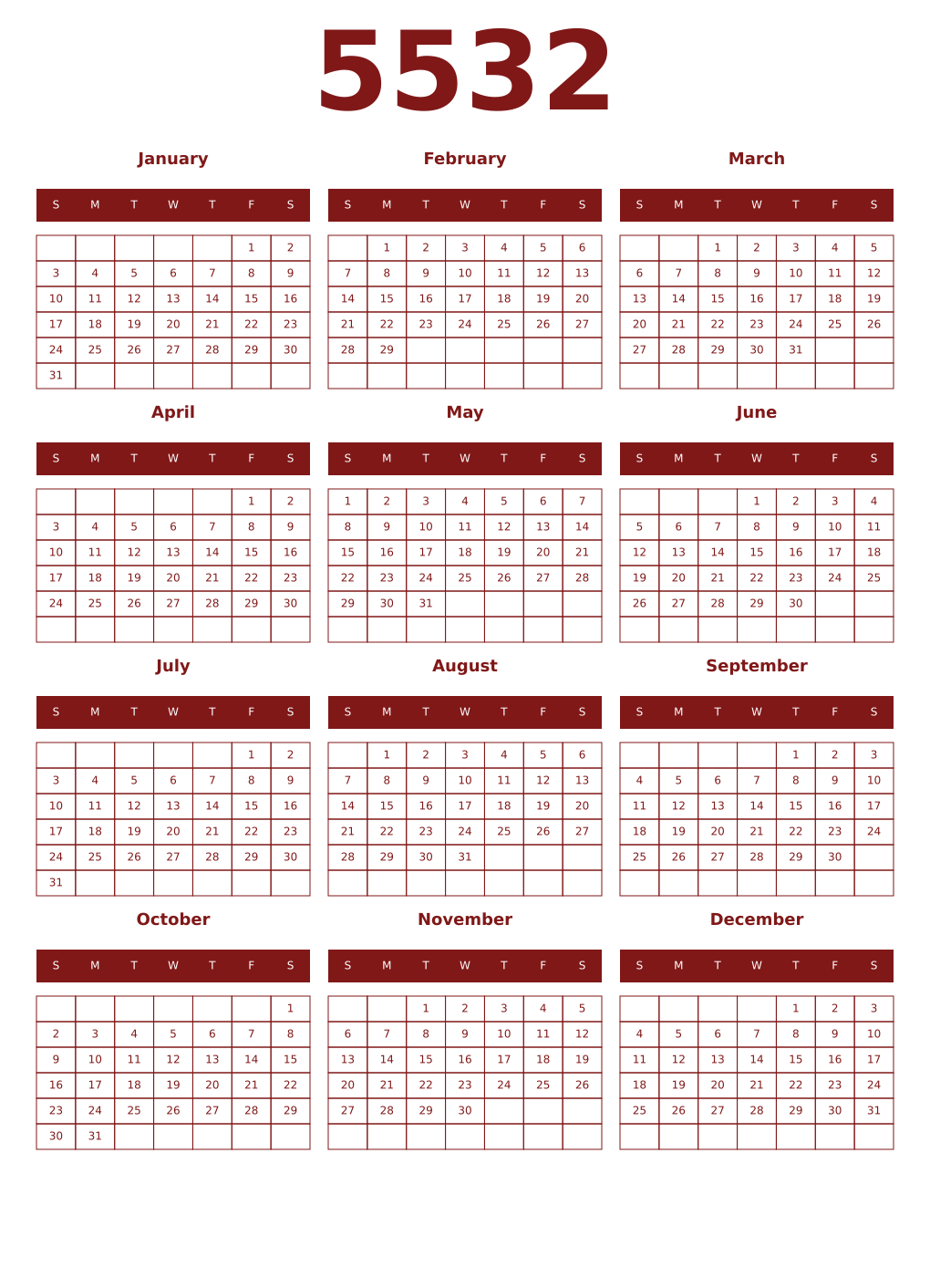 Printable 5532 Year Calendars falu