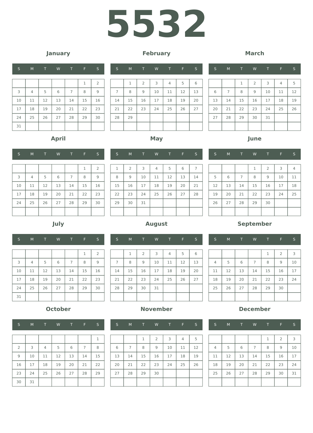Printable 5532 Year Calendars feldgrau