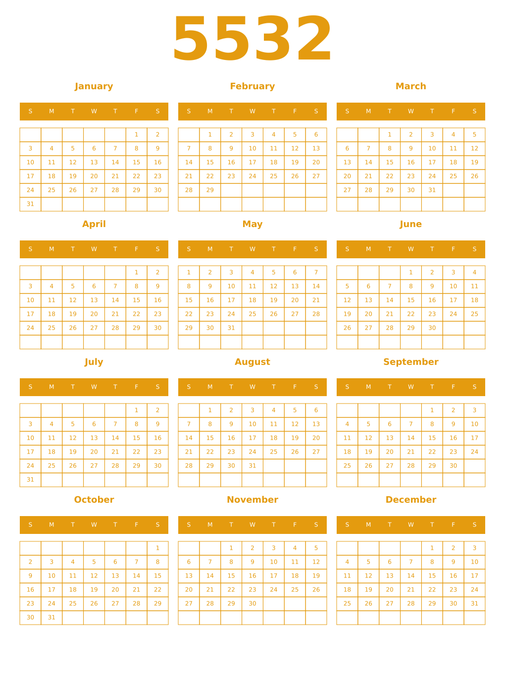 Printable 5532 Year Calendars gamboge