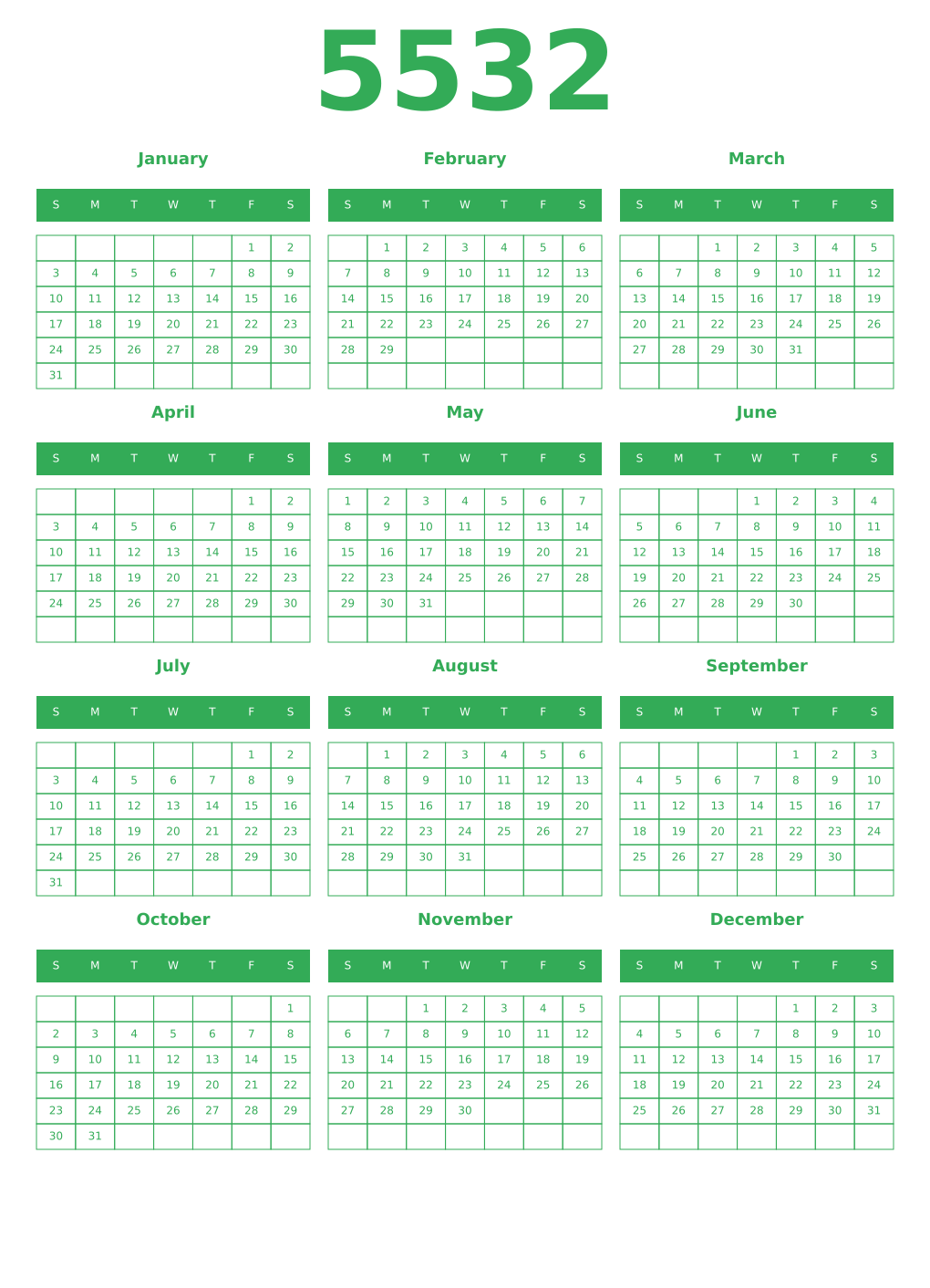 Printable 5532 Year Calendars green