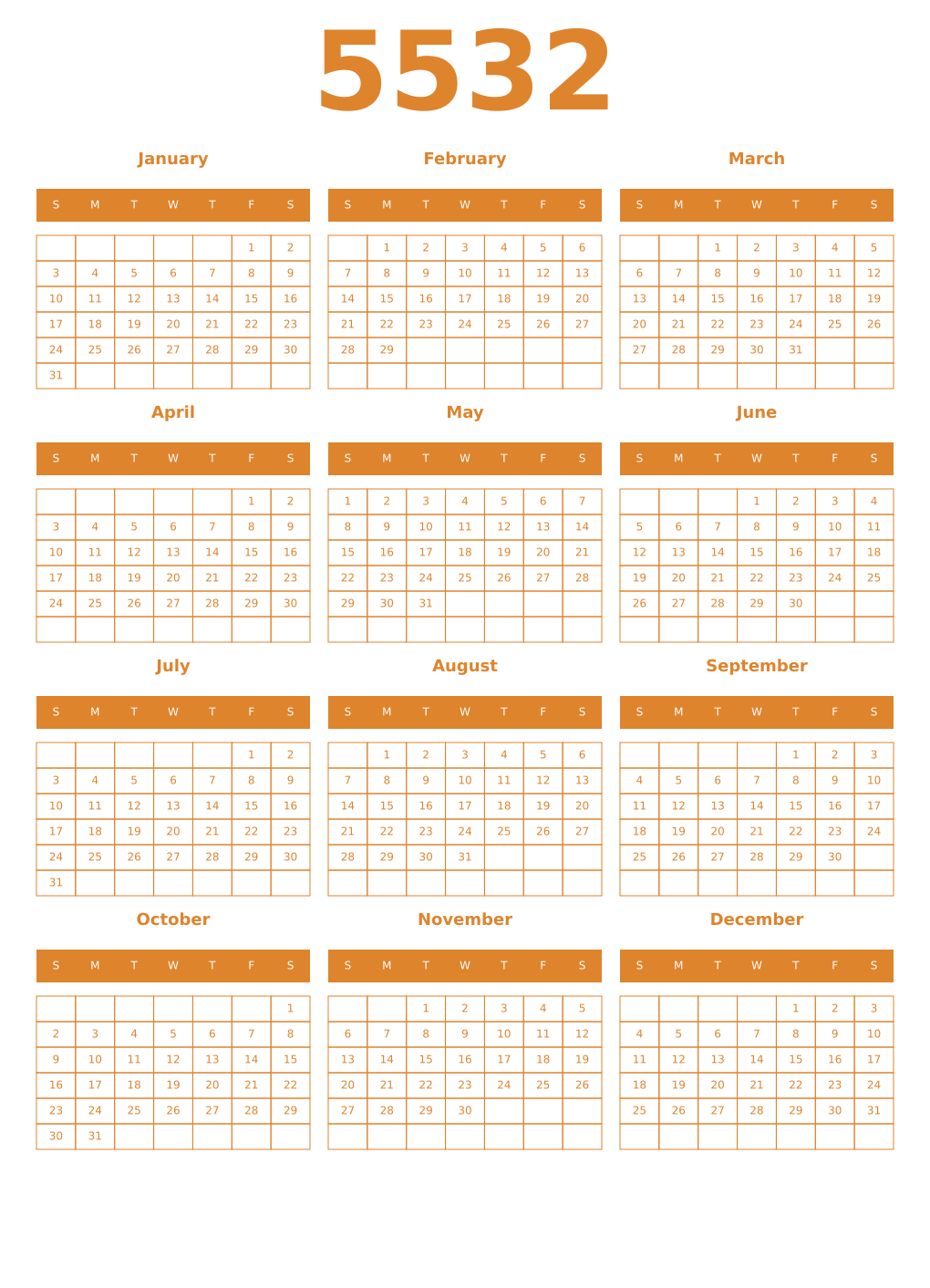 Printable 5532 Year Calendars orange