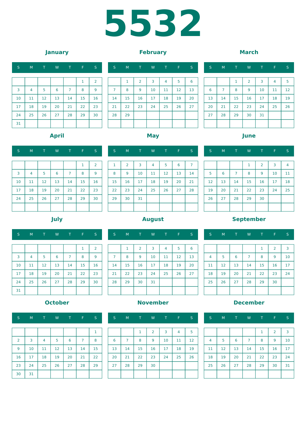 Printable 5532 Year Calendars pastel