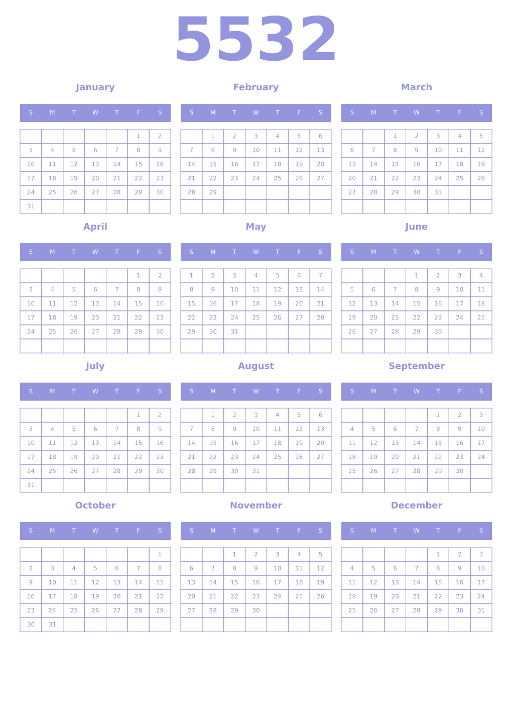 Printable 5532 Year Calendars periwinkle