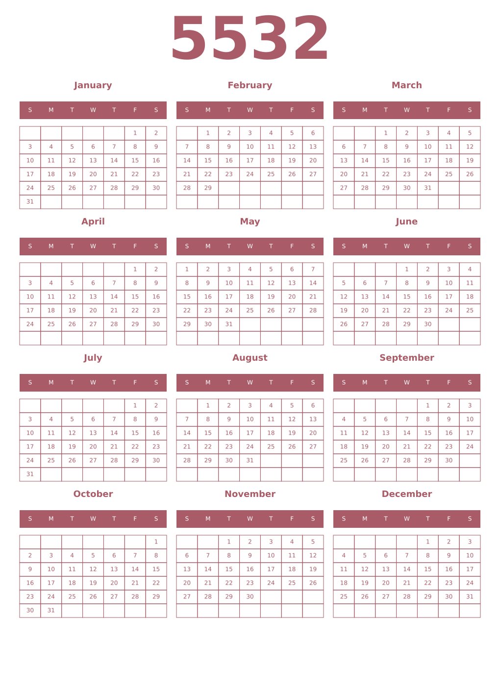 Printable 5532 Year Calendars puce