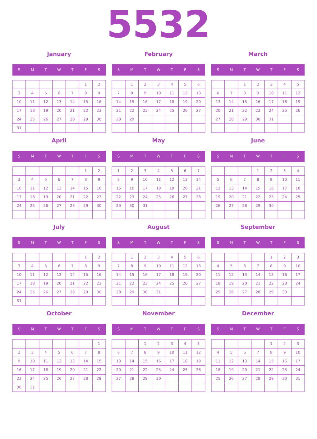 Printable 5532 Year Calendars purple