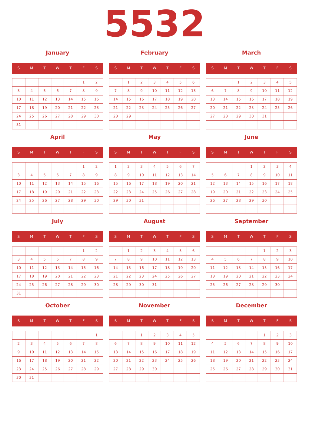 Printable 5532 Year Calendars red