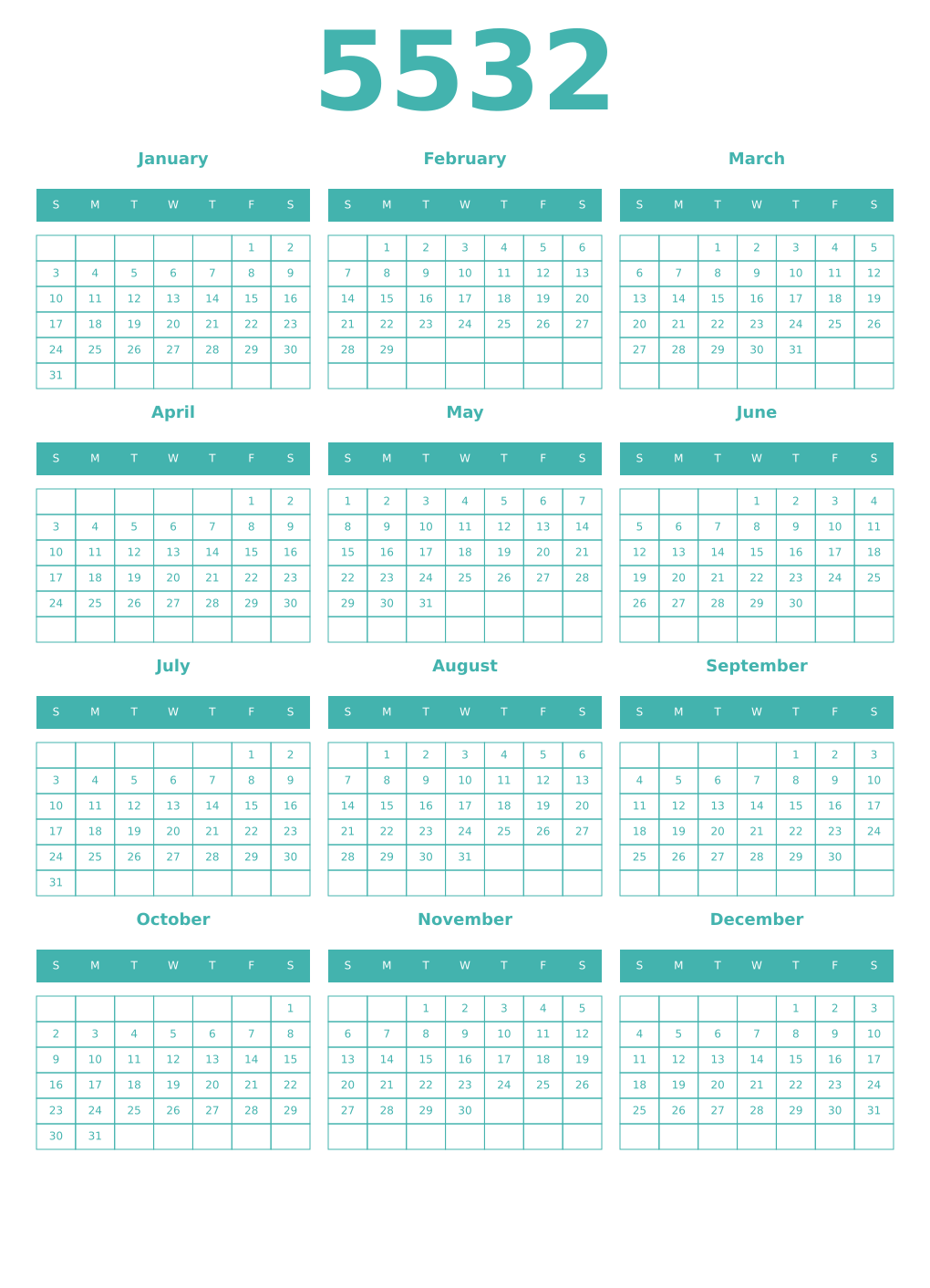 Printable 5532 Year Calendars verdigris