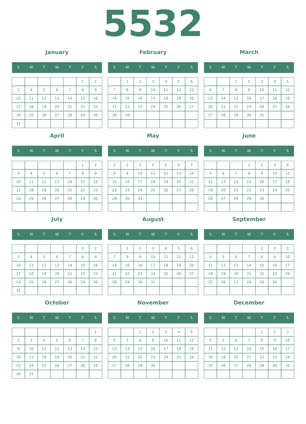 Printable 5532 Year Calendars viridian