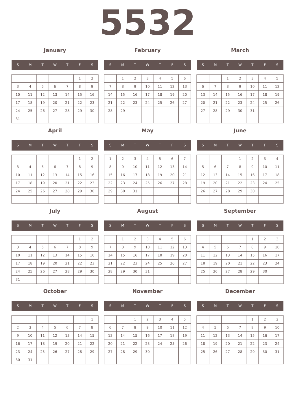 Printable 5532 Year Calendars wenge