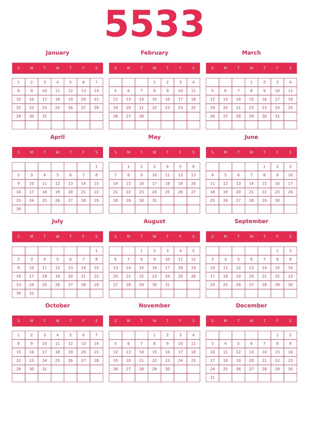 Printable 5533 Year Calendars amaranth