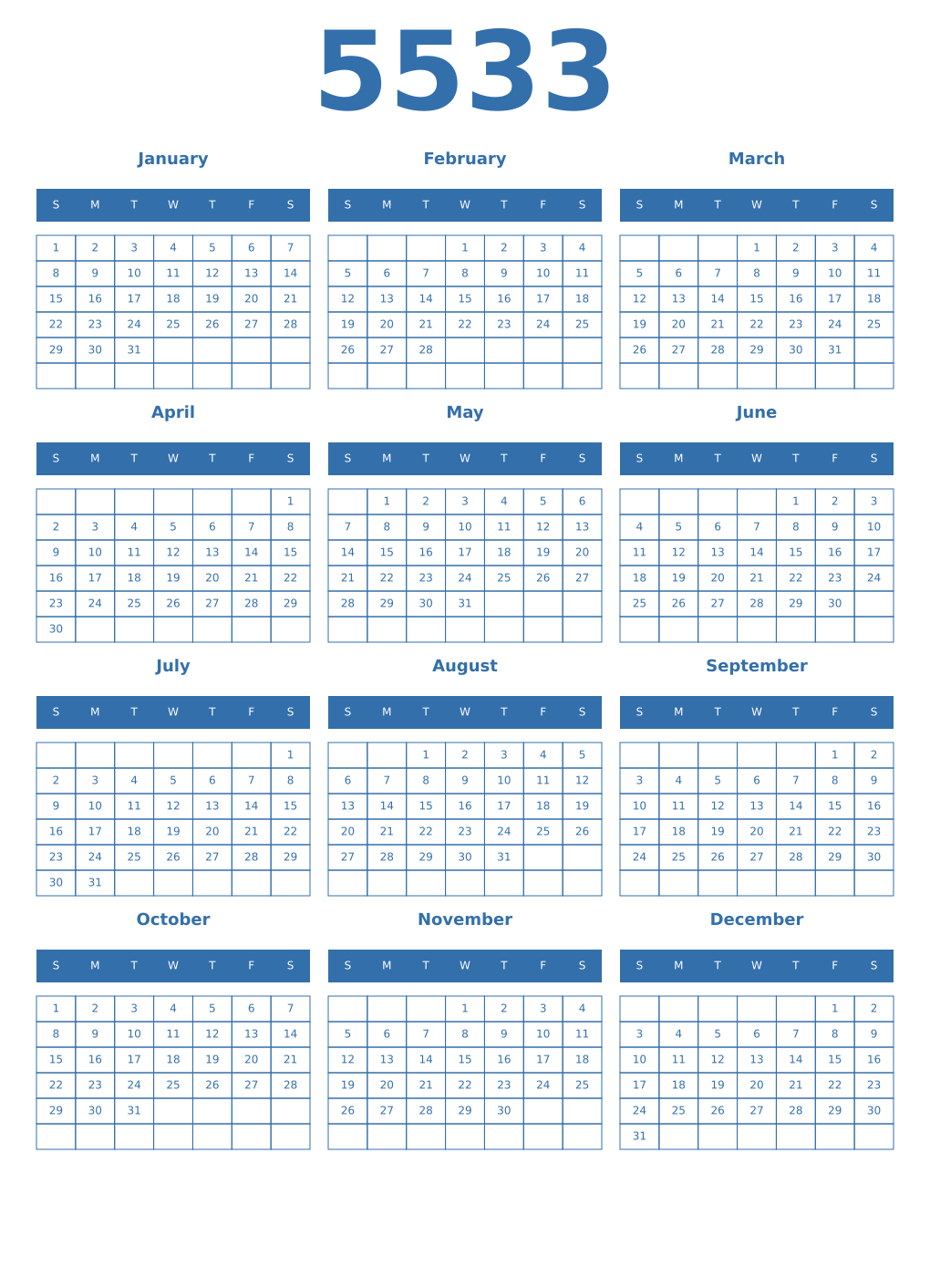 Printable 5533 Year Calendars blue