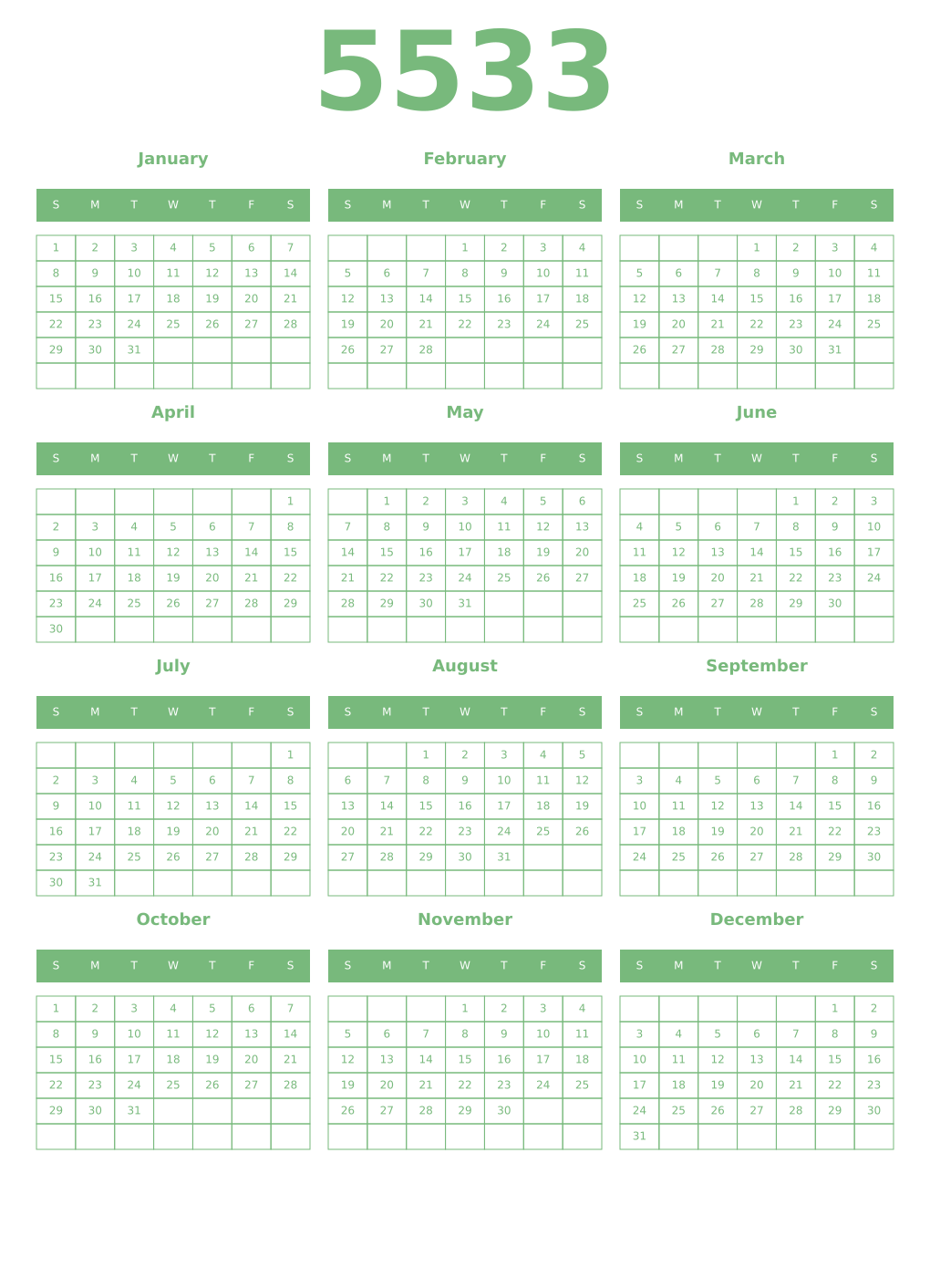 Printable 5533 Year Calendars celadon