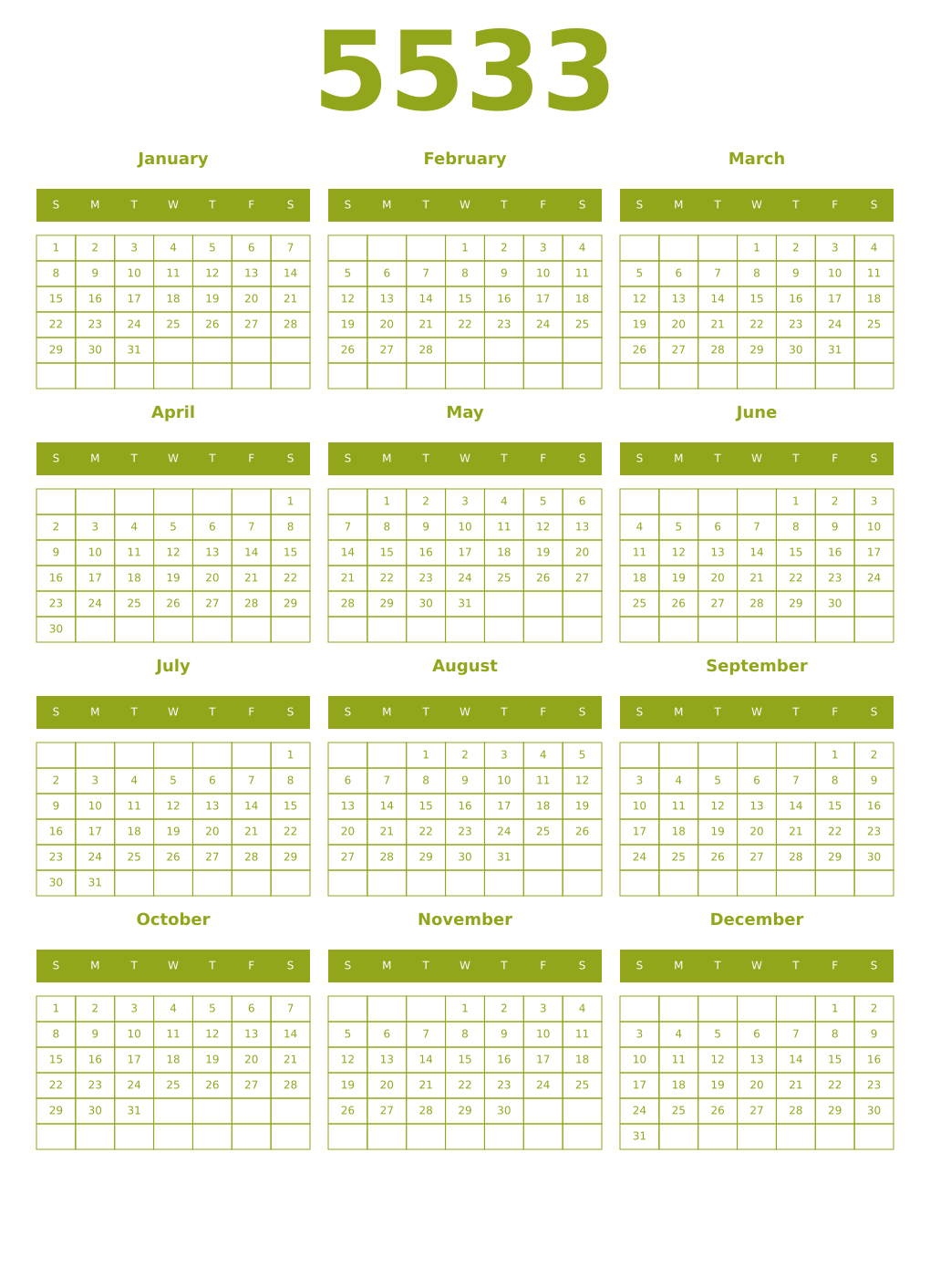 Printable 5533 Year Calendars chartreuse