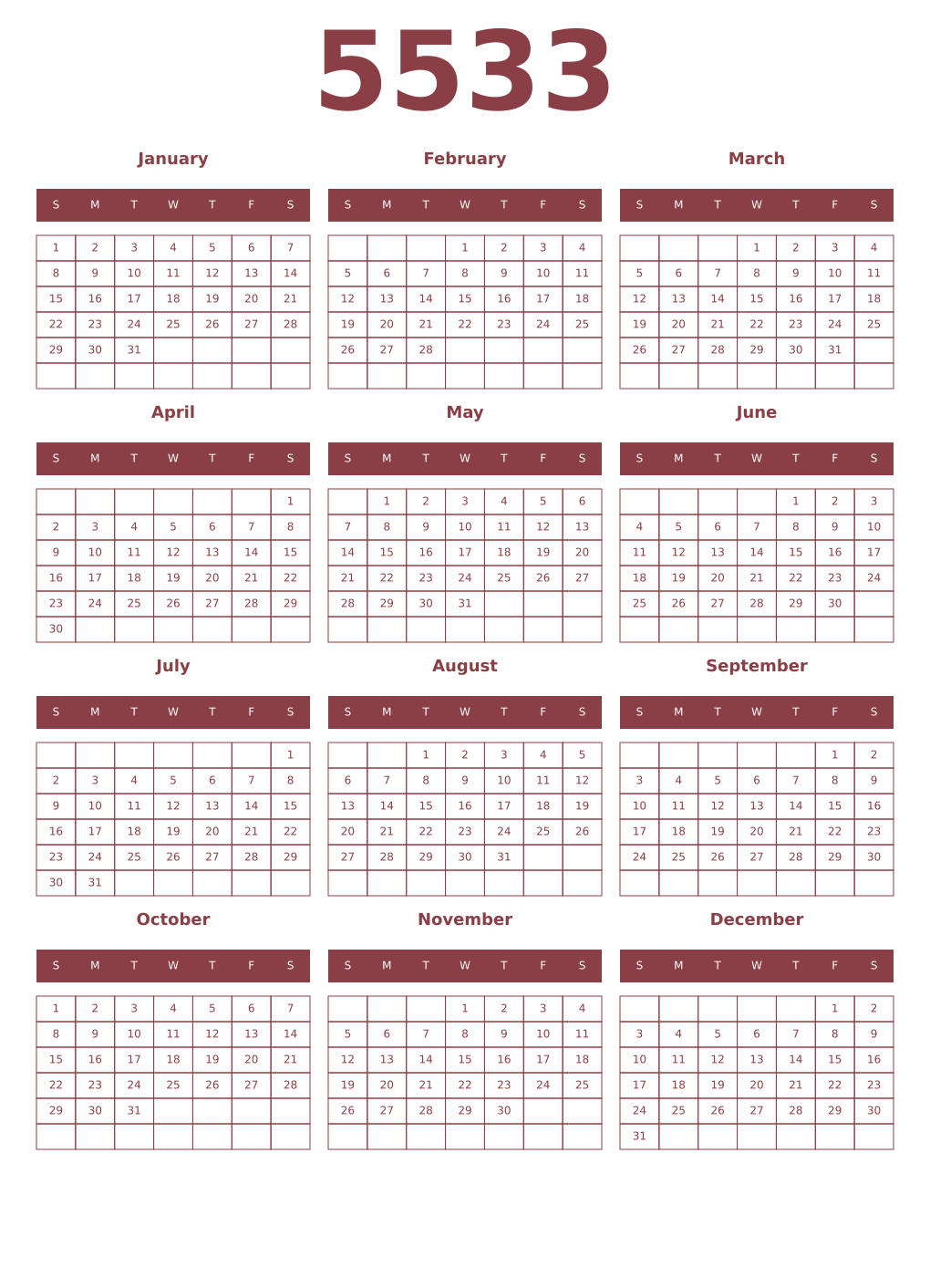 Printable 5533 Year Calendars cordovan