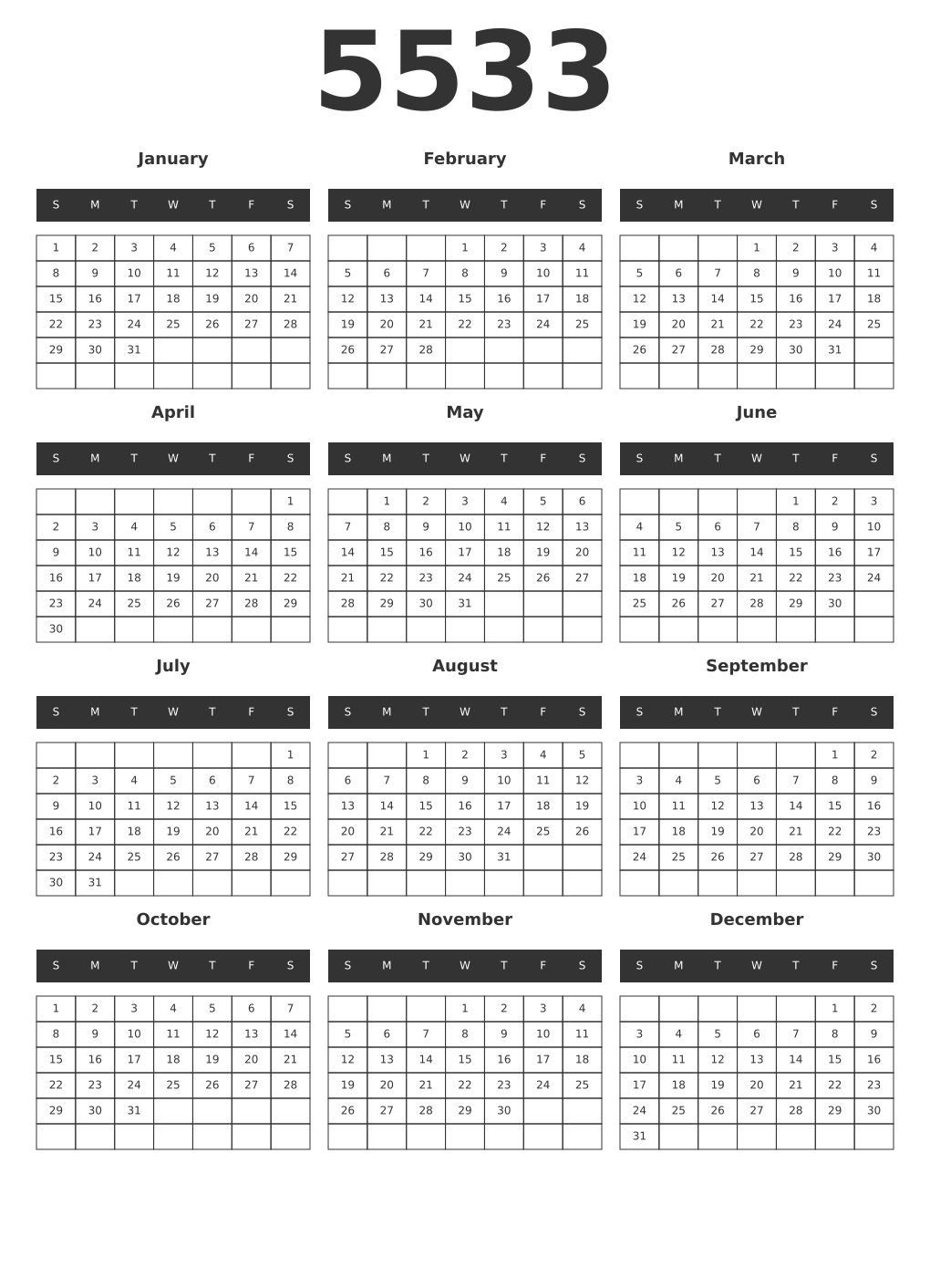 Printable 5533 Year Calendars dark