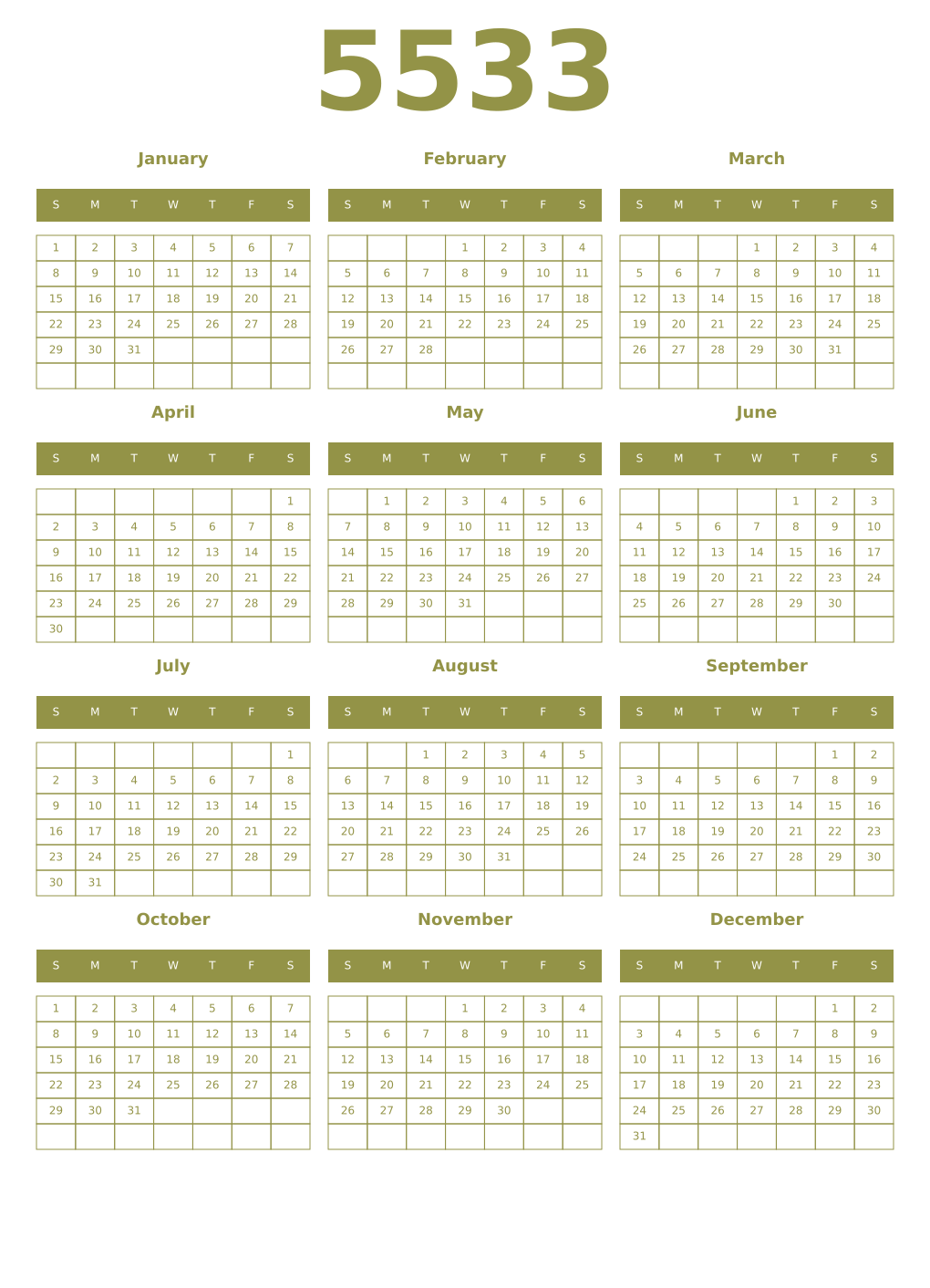 Printable 5533 Year Calendars eburnean