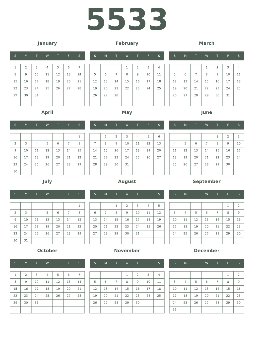 Printable 5533 Year Calendars feldgrau