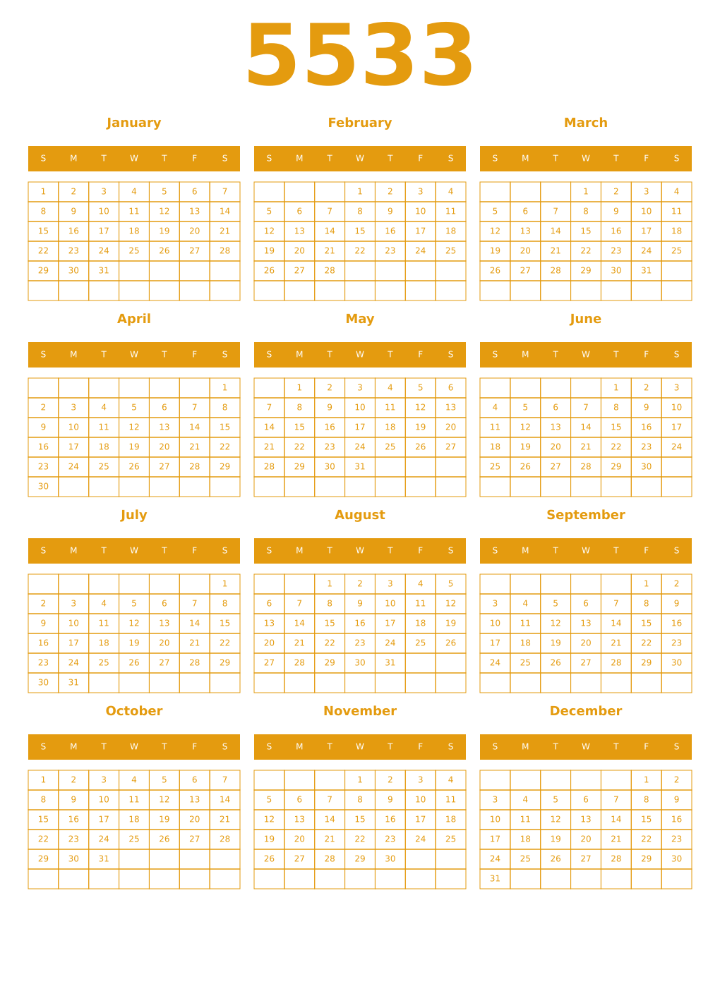 Printable 5533 Year Calendars gamboge